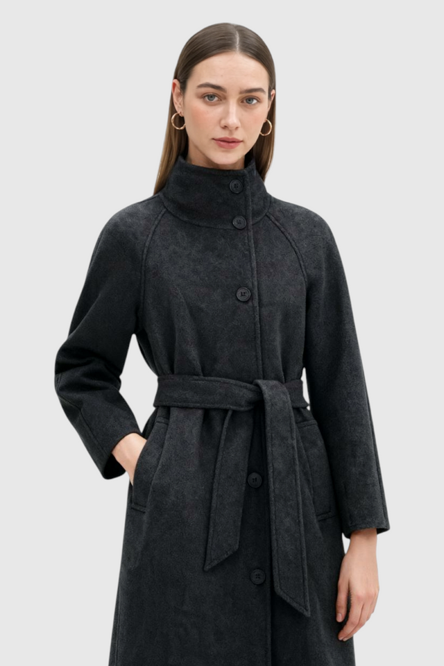 Celeste Long Stand Collar Wool-Look Coat in Grey, view 1