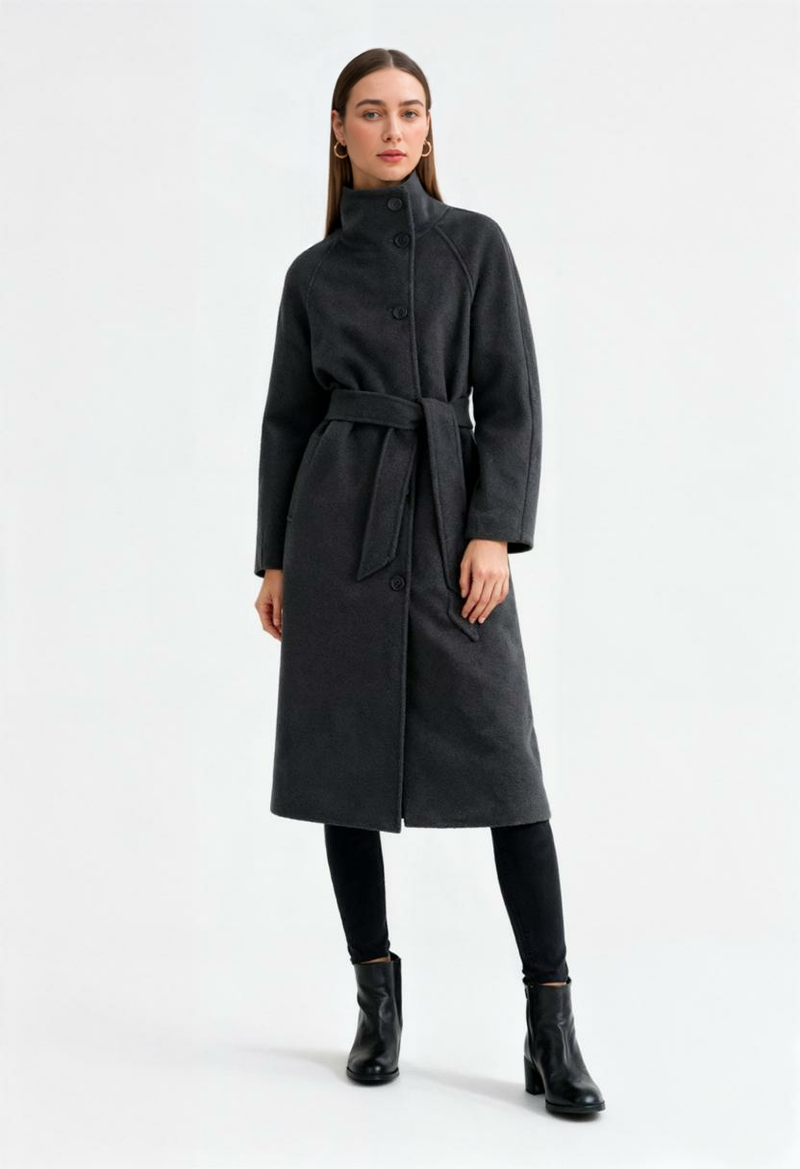 Celeste Long Stand Collar Wool-Look Coat in Grey, view 2
