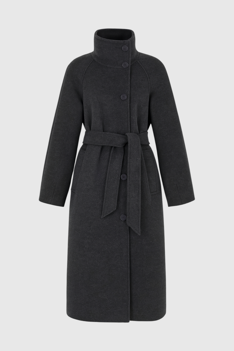 Celeste Long Stand Collar Wool-Look Coat in Grey, view 3