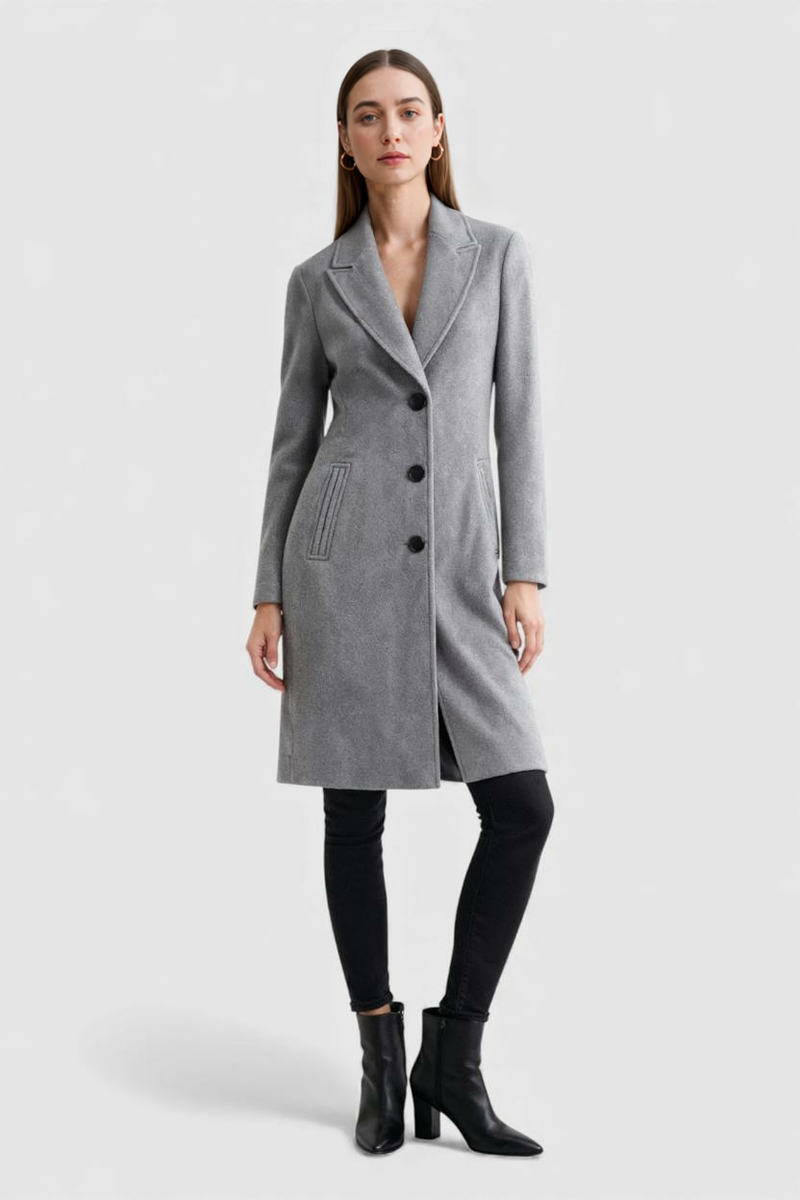 Colette Long Lapel Wool-Look Coat in Grey, view 2