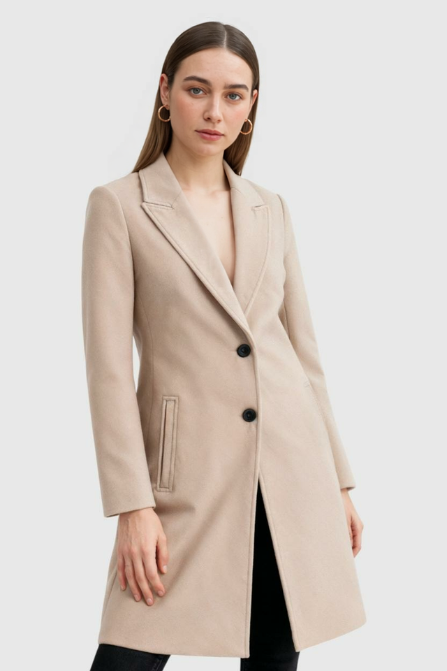 Adeline Long Slim-Fit Wool-Look Coat in Khaki, view 1