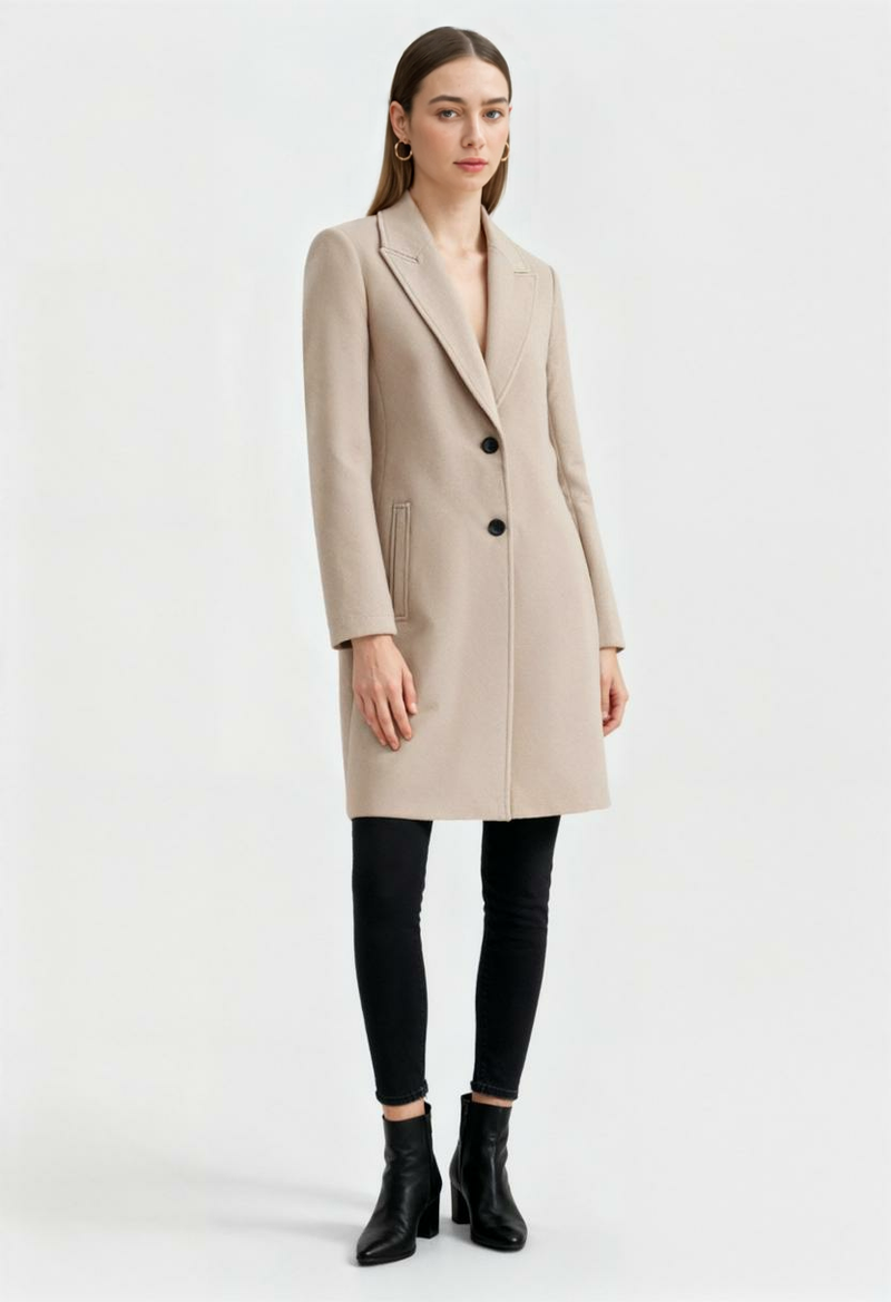 Adeline Long Slim-Fit Wool-Look Coat in Khaki, view 2
