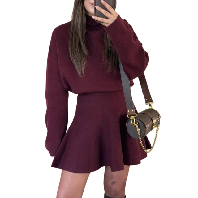 Valentina Fit and Flare Turtleneck Mini Dress in Burgundy, view 1