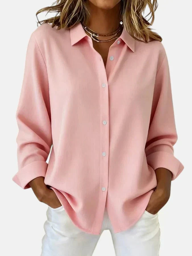 Clementine Button-Up Collar Long Sleeve Blouse in Pink, view 2