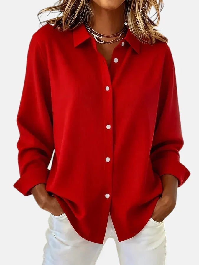 Clementine Button-Up Collar Long Sleeve Blouse in Pink, view 3
