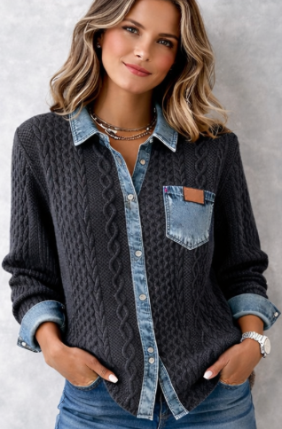 Katarina Cable-Knit Shirt with Denim-Style Collar in Blue, view 3