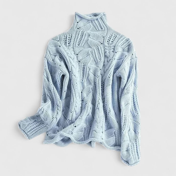 Isadora Cable Knit Turtleneck Sweater in Beige, view 2