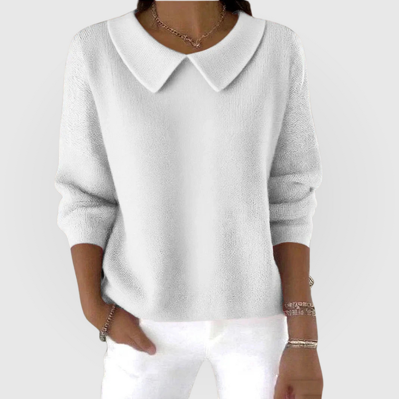 Amelie Collared Long Sleeve Sweater in White, view 3