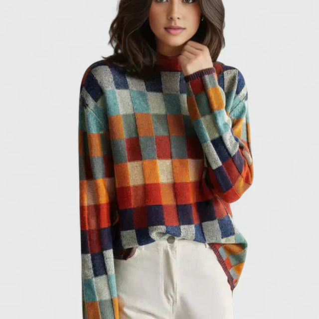 Johanna Color Block Geometric Knit Sweater in Multicolor, view 1