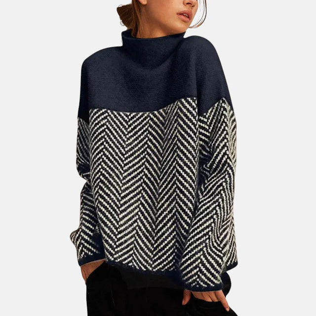 Leonie Herringbone Color Block Sweater in Navy Blue, view 1