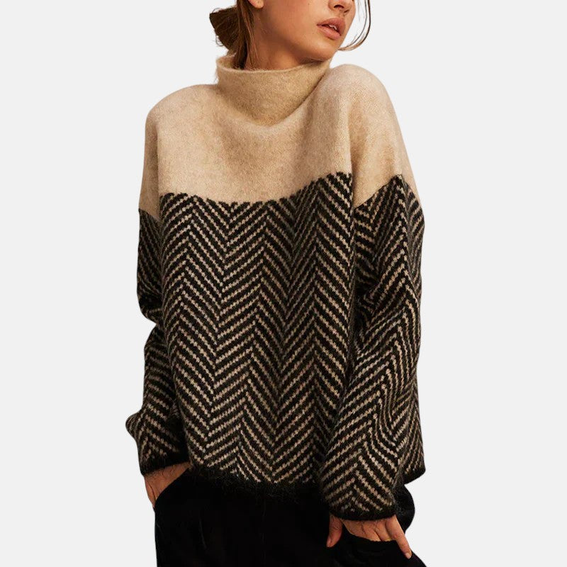 Leonie Herringbone Color Block Sweater in Beige, view 2