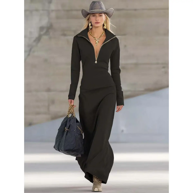 Bernadette Half-Zip Sweater Knit Maxi Dress in Black, view 1