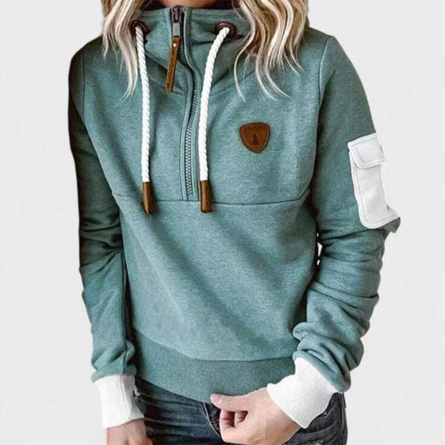 Octavia Half-Zip Hoodie with Contrast Sleeve Pocket in Green, view 1