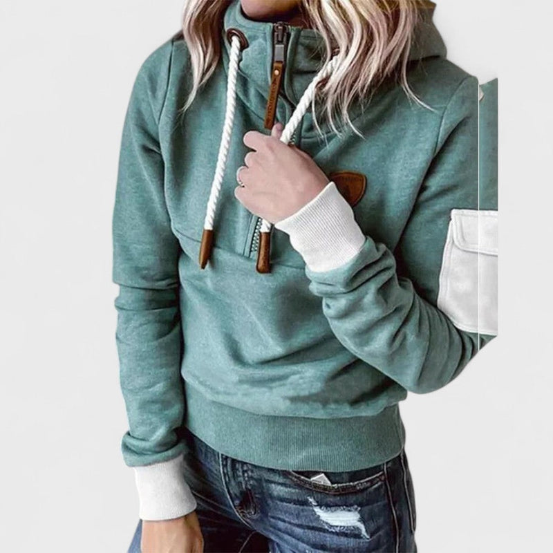 Octavia Half-Zip Hoodie with Contrast Sleeve Pocket in Green, view 2