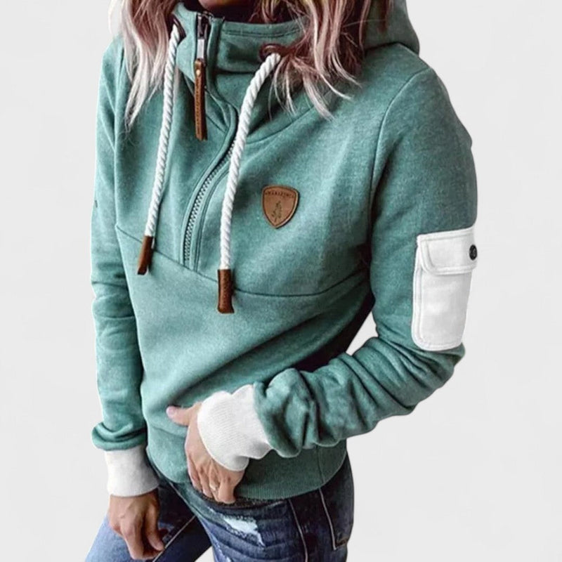 Octavia Half-Zip Hoodie with Contrast Sleeve Pocket in Green, view 3