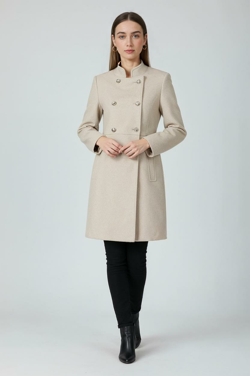 Verena Double-Breasted Wool-Look Coat in Khaki, view 2