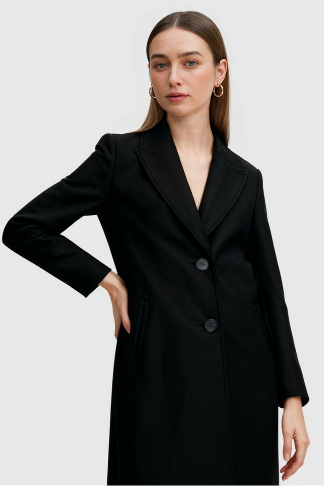 Marion Long Lapel Wool-Look Coat in Black, view 1