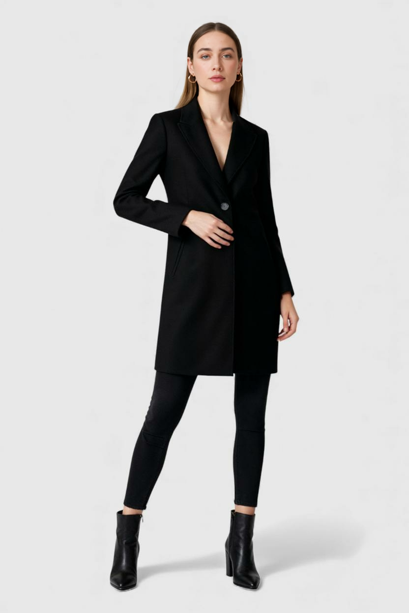 Marion Long Lapel Wool-Look Coat in Black, view 2