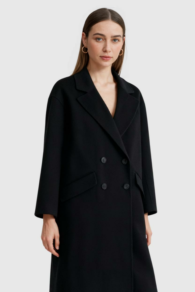 Estelle Long Fold-Over Collar Coat in Black, view 1