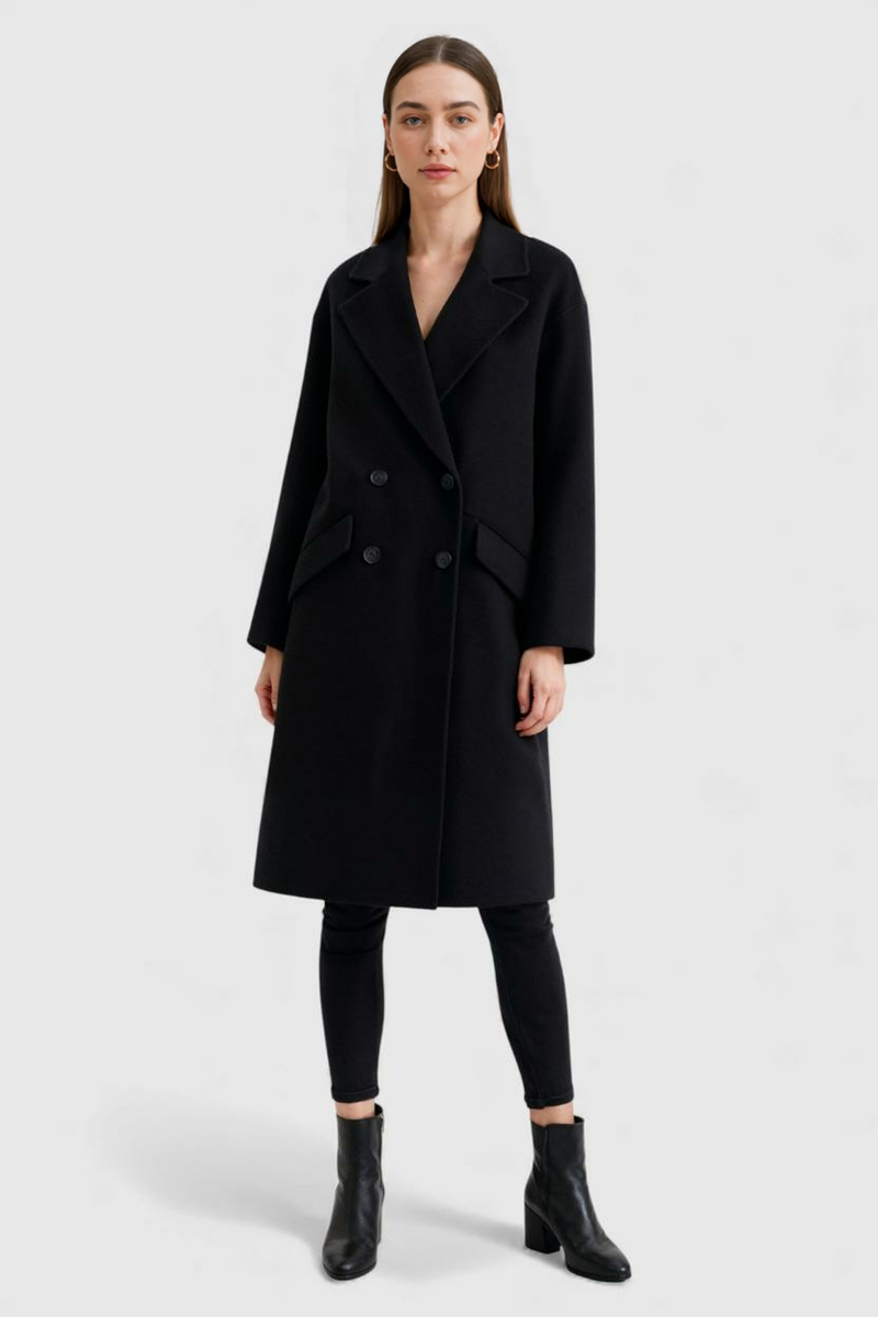 Estelle Long Fold-Over Collar Coat in Black, view 2