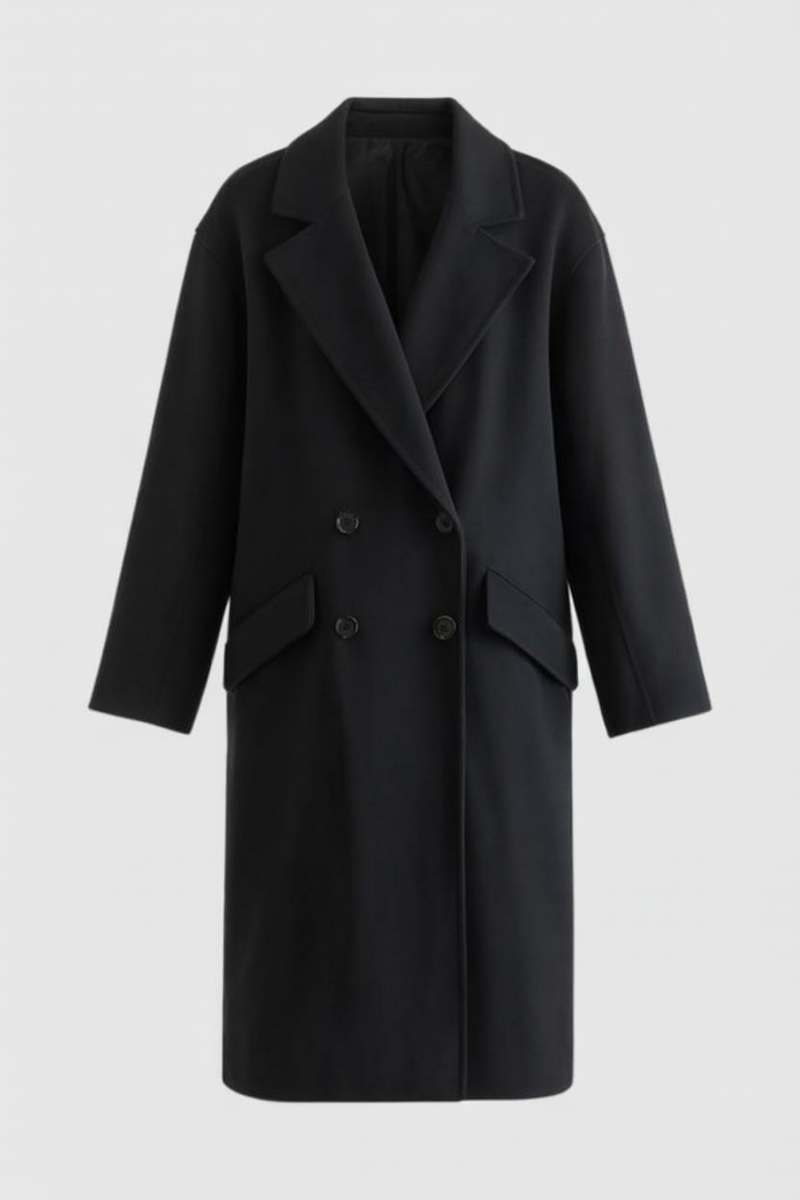 Estelle Long Fold-Over Collar Coat in Black, view 3