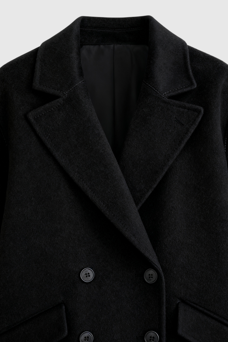 Estelle Long Fold-Over Collar Coat in Black, view 5