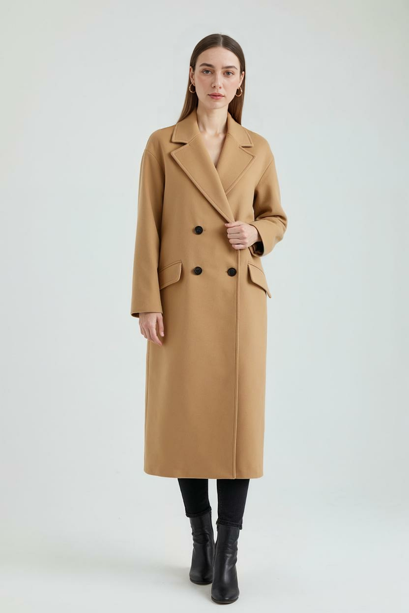 Ingrid Double-Breasted Coat with Flip Collar in Brown, view 2