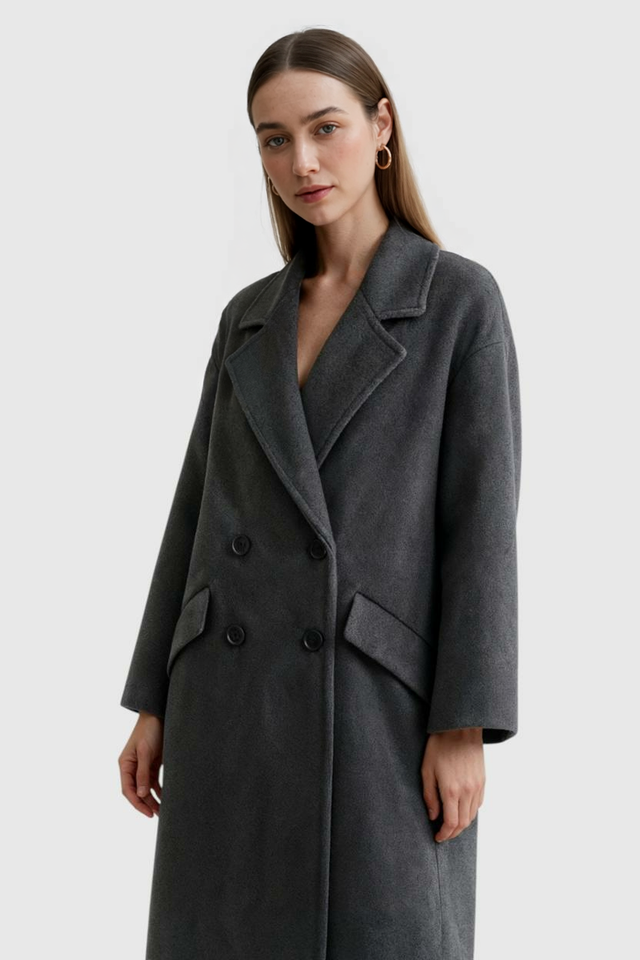 Sabine Long Fold-Over Collar Coat in Dark Grey, view 1
