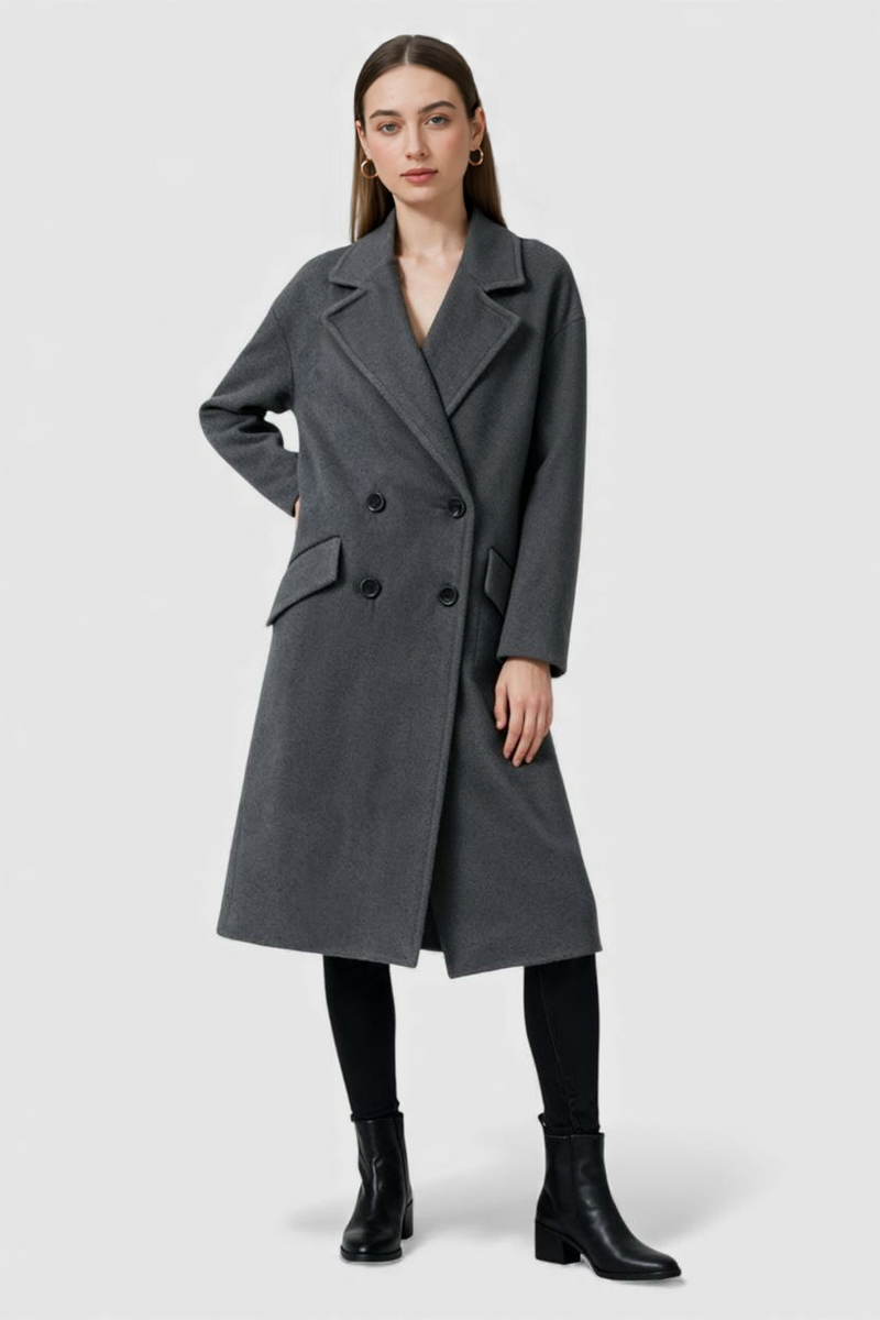 Sabine Long Fold-Over Collar Coat in Dark Grey, view 2
