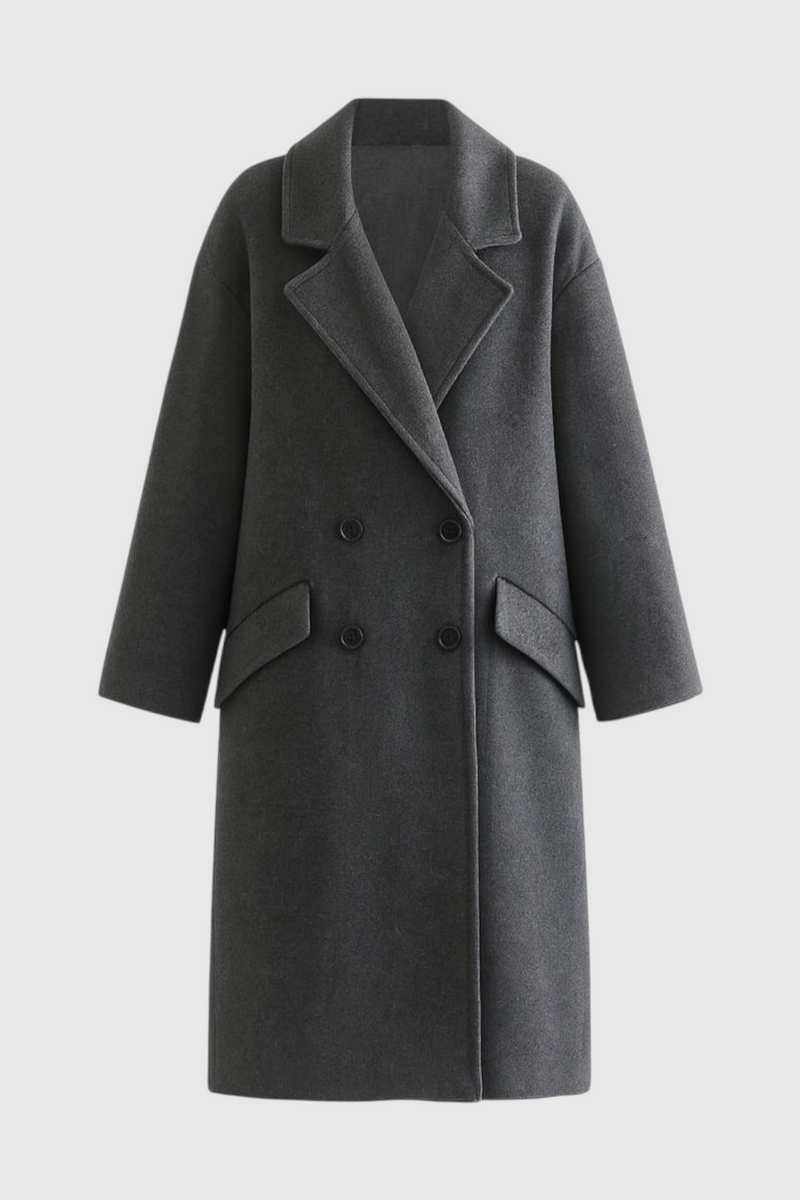 Sabine Long Fold-Over Collar Coat in Dark Grey, view 3