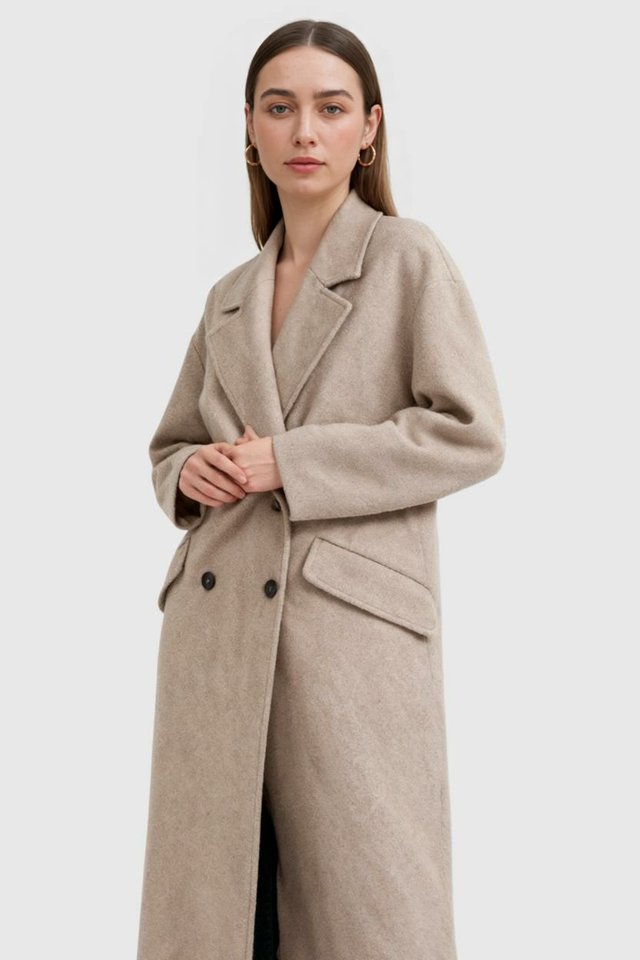 Helena Double-Breasted Coat with Flip Collar in Khaki, view 1