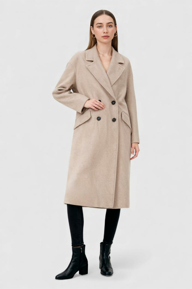 Helena Double-Breasted Coat with Flip Collar in Khaki, view 2