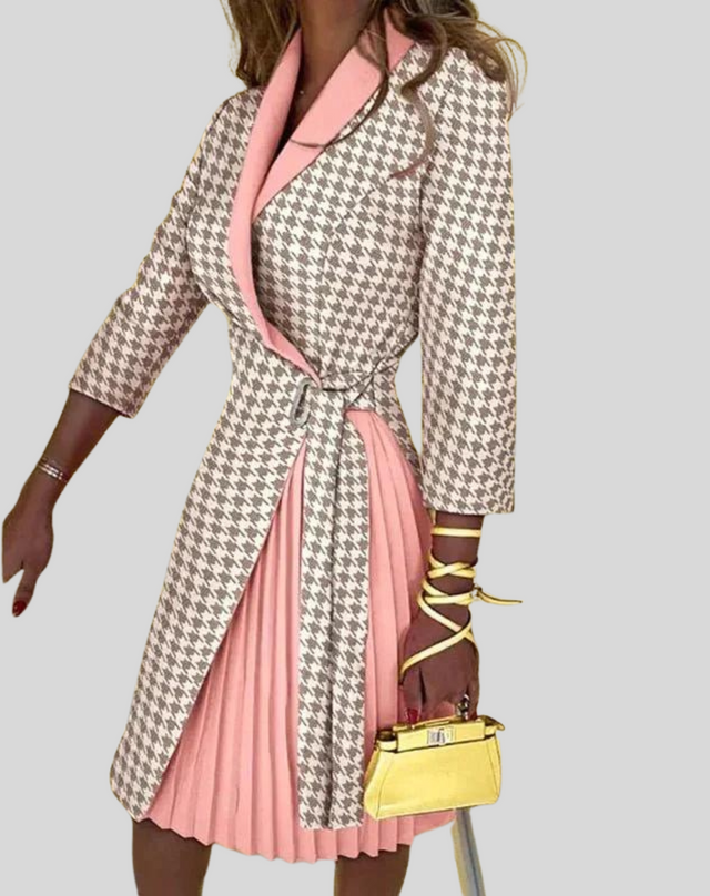 Theodora Belted Pleated Wrap Midi Dress in Apricot, view 1