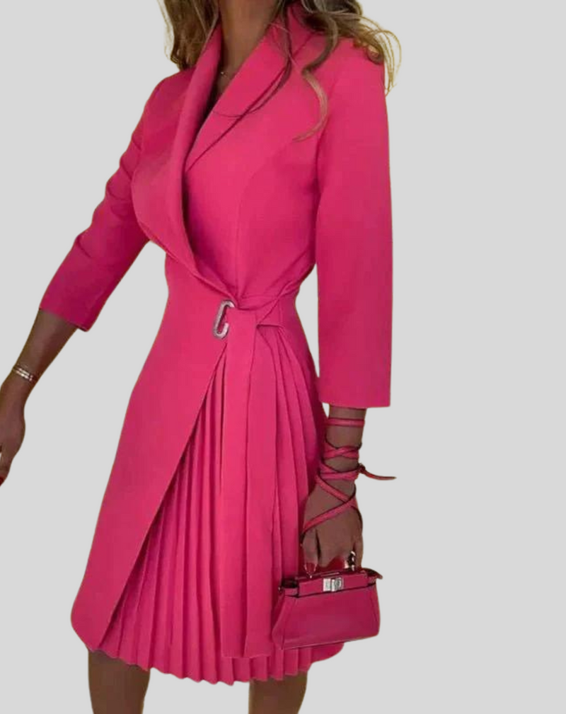 Theodora Belted Pleated Wrap Midi Dress in Apricot, view 2