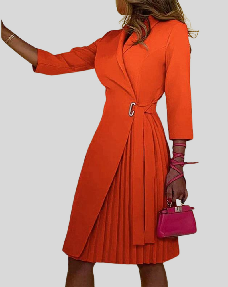 Theodora Belted Pleated Wrap Midi Dress in Apricot, view 5