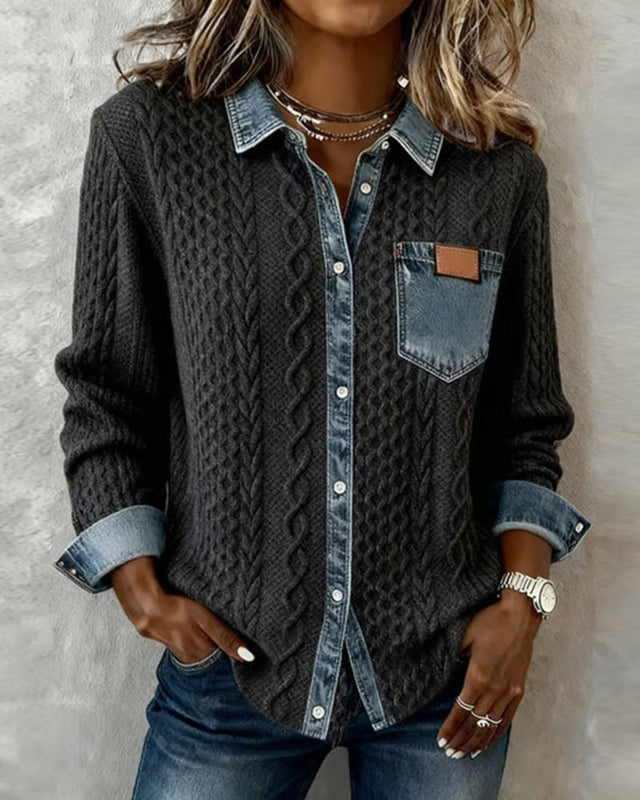 Hermione Long Sleeve Shirt with Denim-Style Trim in Black, view 1