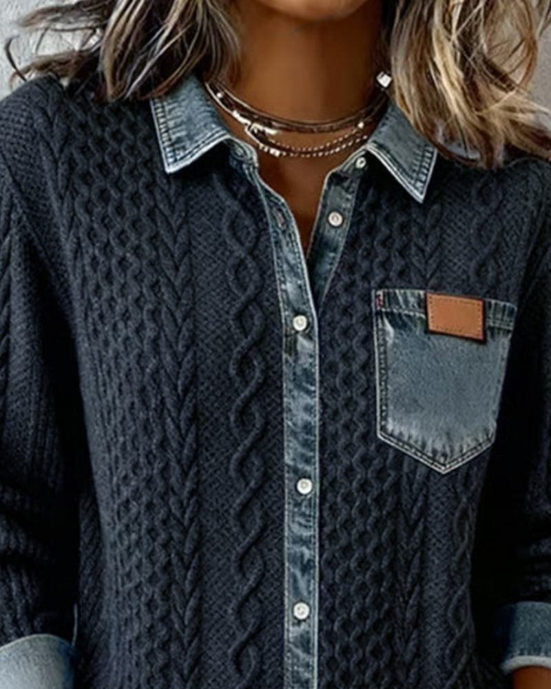 Hermione Long Sleeve Shirt with Denim-Style Trim in Black, view 2