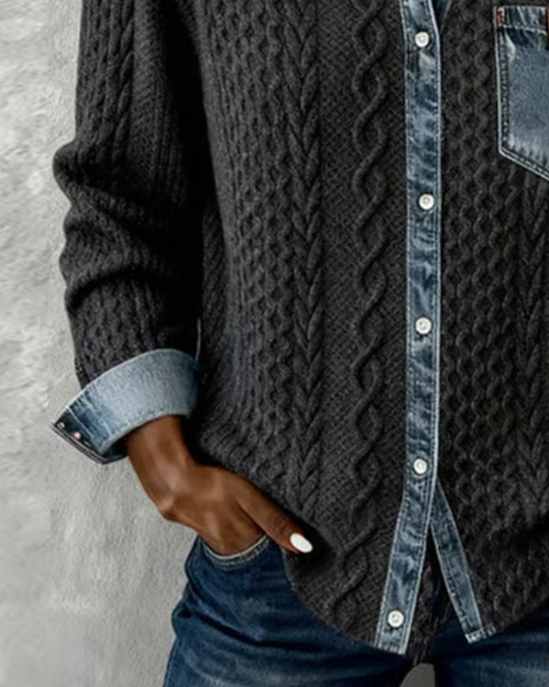 Hermione Long Sleeve Shirt with Denim-Style Trim in Black, view 3