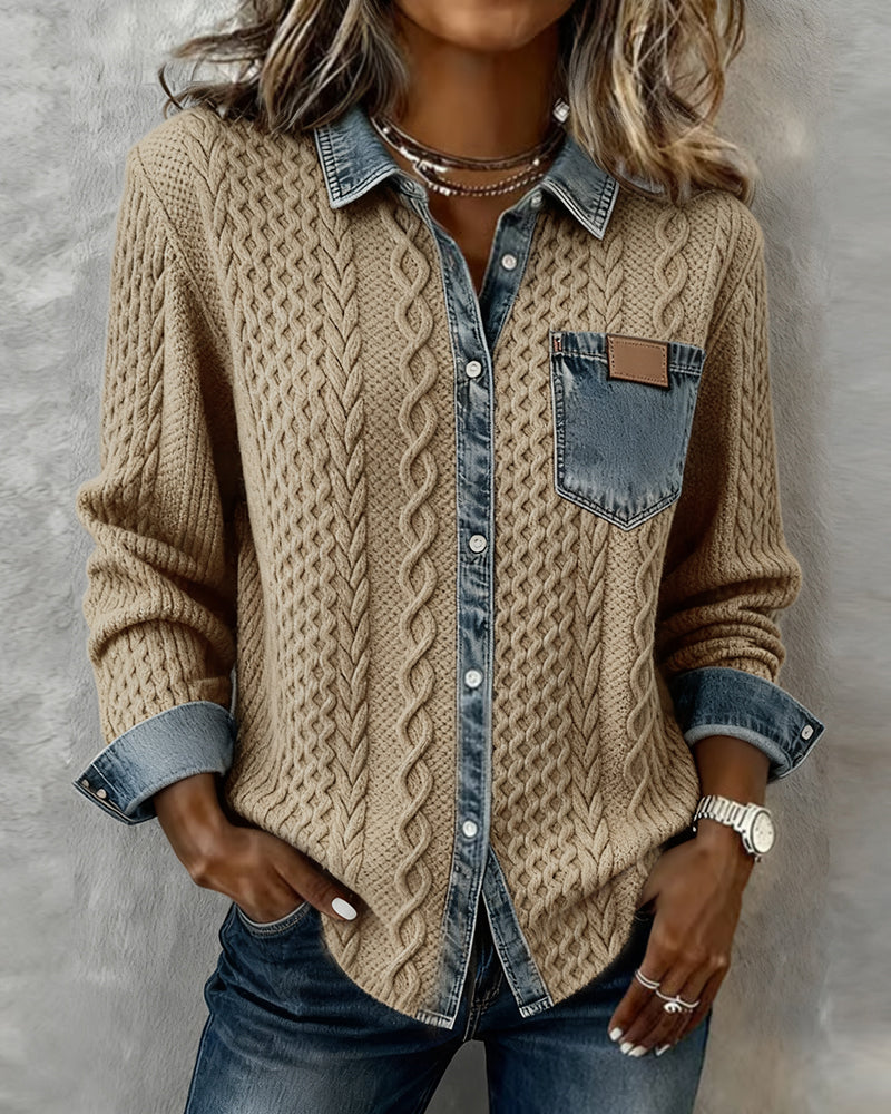 Hermione Long Sleeve Shirt with Denim-Style Trim in Black, view 4
