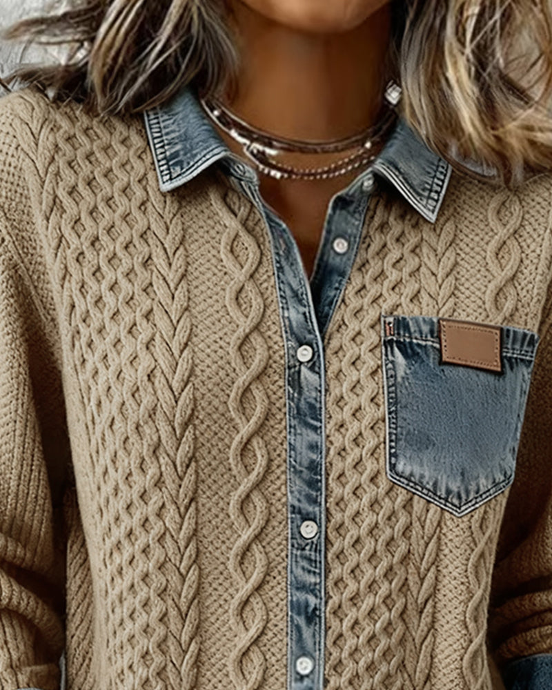 Hermione Long Sleeve Shirt with Denim-Style Trim in Black, view 5