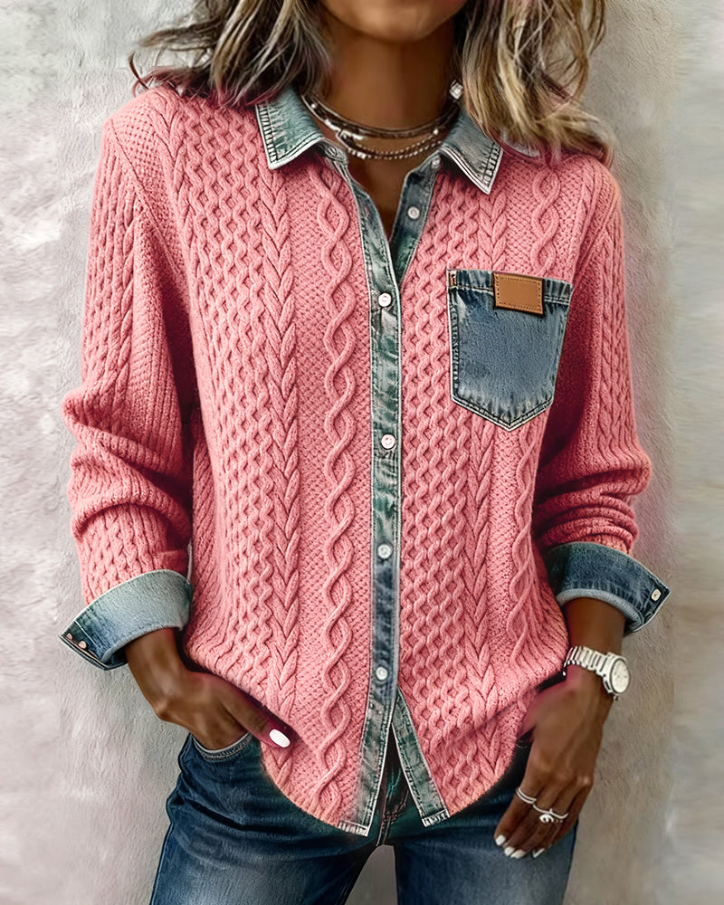 Hermione Long Sleeve Shirt with Denim-Style Trim in Black, view 7