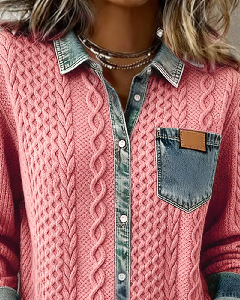Hermione Long Sleeve Shirt with Denim-Style Trim in Black, view 8