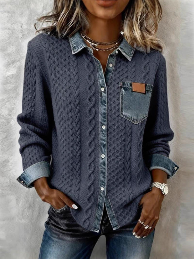 Hermione Long Sleeve Shirt with Denim-Style Trim in Black, view 9