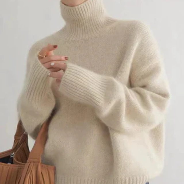 Maren Oversized Turtleneck Pullover Sweater in Beige, view 1