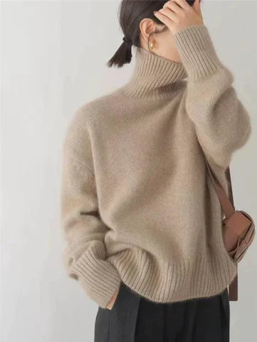 Maren Oversized Turtleneck Pullover Sweater in Beige, view 2