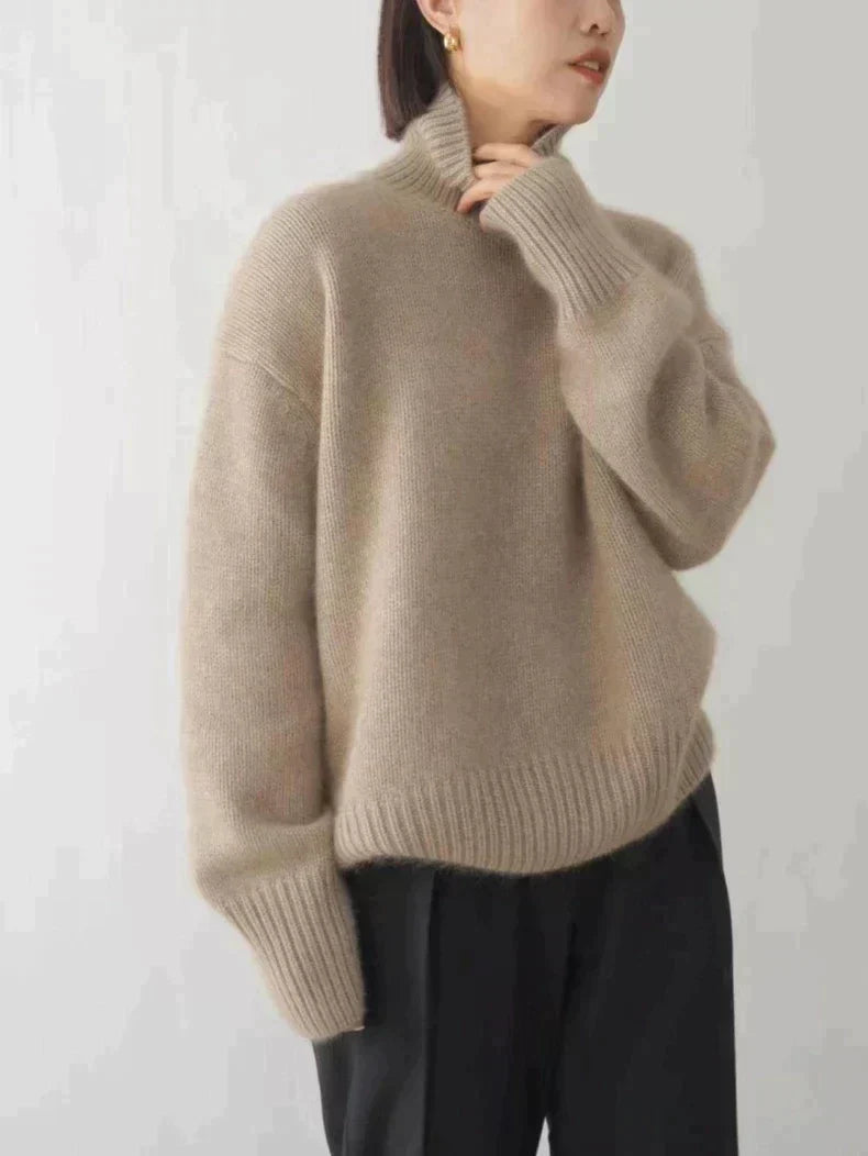 Maren Oversized Turtleneck Pullover Sweater in Beige, view 3