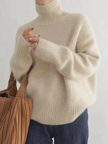 Maren Oversized Turtleneck Pullover Sweater in Beige, view 4