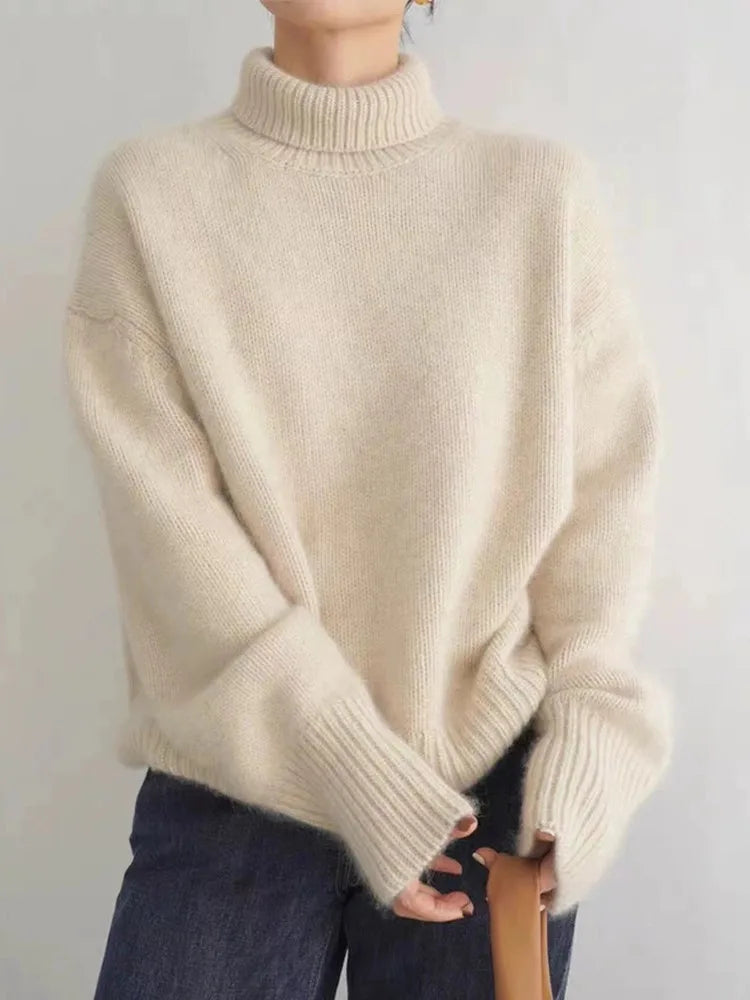 Maren Oversized Turtleneck Pullover Sweater in Beige, view 5