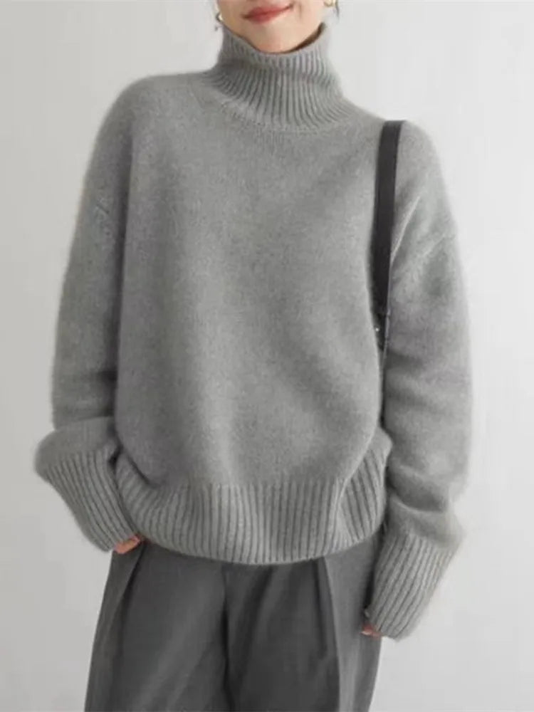 Maren Oversized Turtleneck Pullover Sweater in Beige, view 7