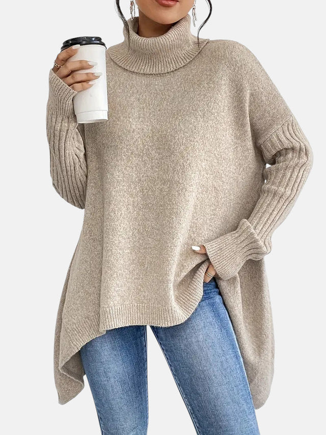 Cecily Oversized Turtleneck Tunic Sweater in Beige, view 1